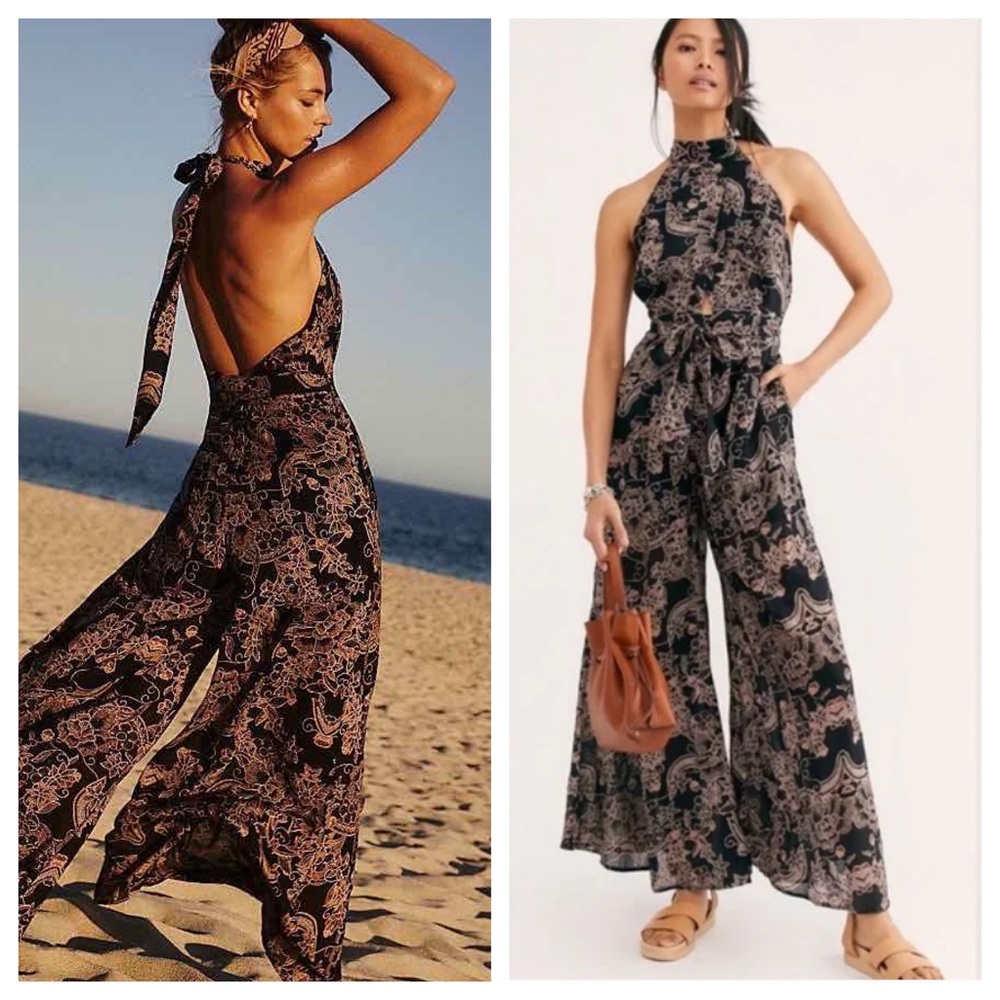 Free People jumpsuit halter top black patterned summer vibes wide leg baggy pant